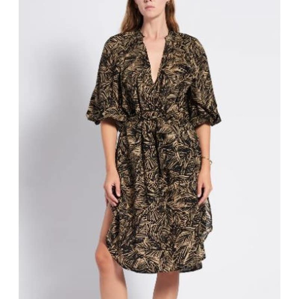 NWT Secular Womens Relaxed Fit Puff Sleeve Ellie Dress Leaf Print Size S Black